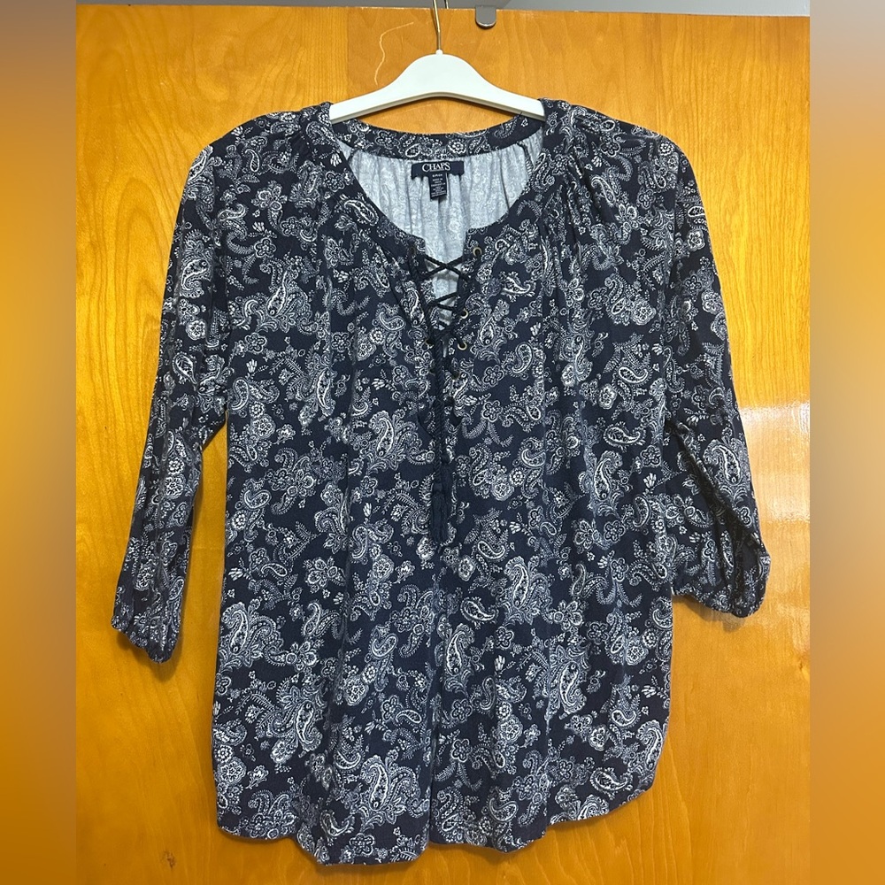 Chaps Dark Blue and White Paisley Lace-Up Blouse